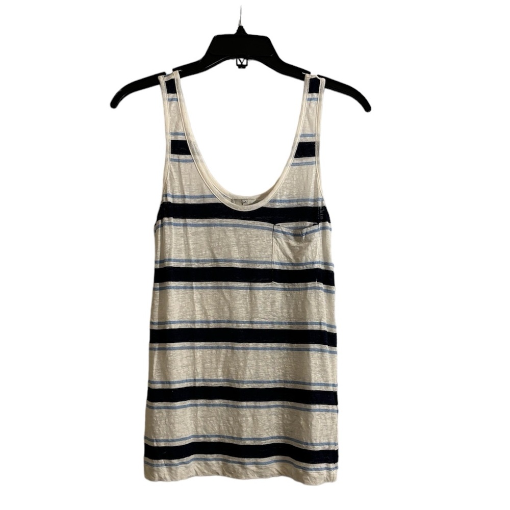 JOIE Linen Blue and White Striped Tank Top with Pocket
